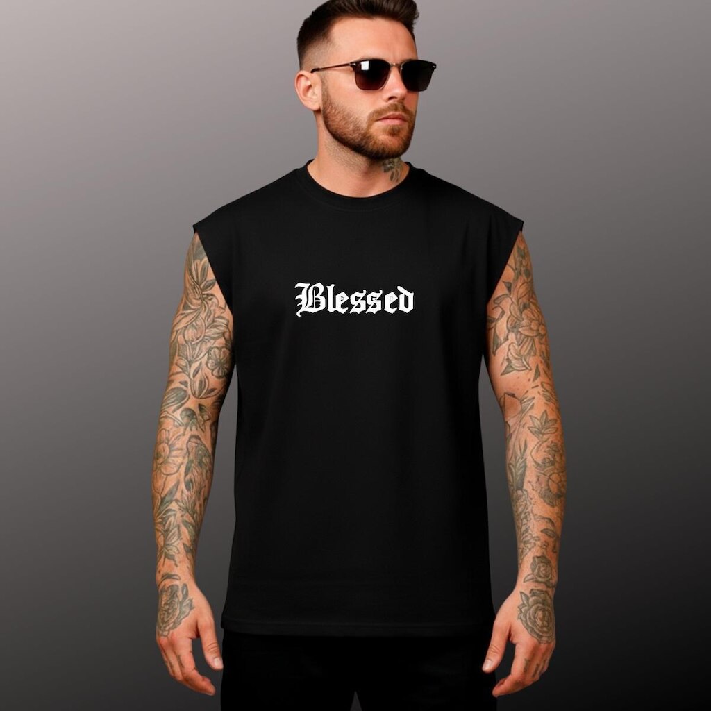 Camiseta Regata Modelagem Oversized Estampa Moderna Blessed