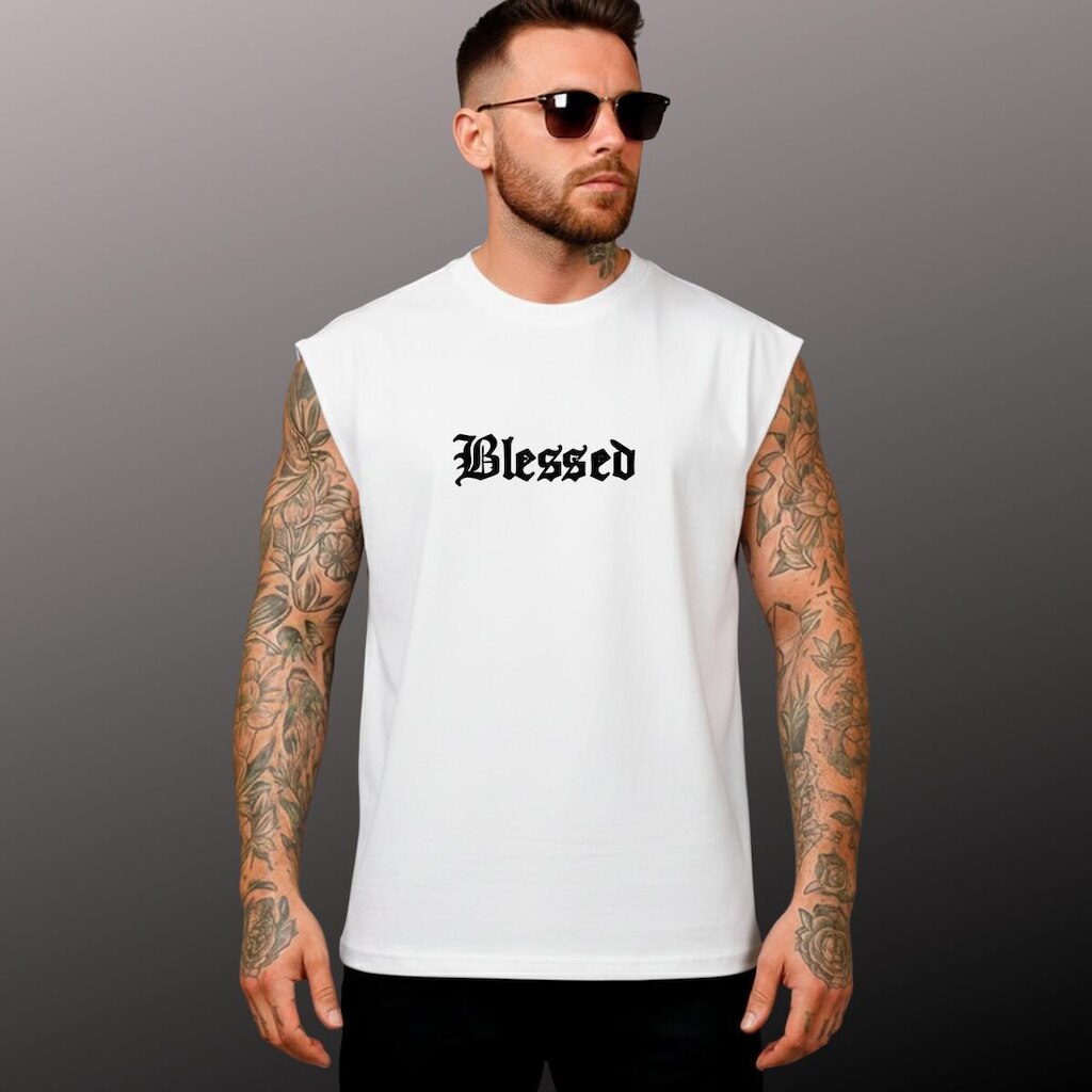 Camiseta Regata Modelagem Oversized Estampa Moderna Blessed