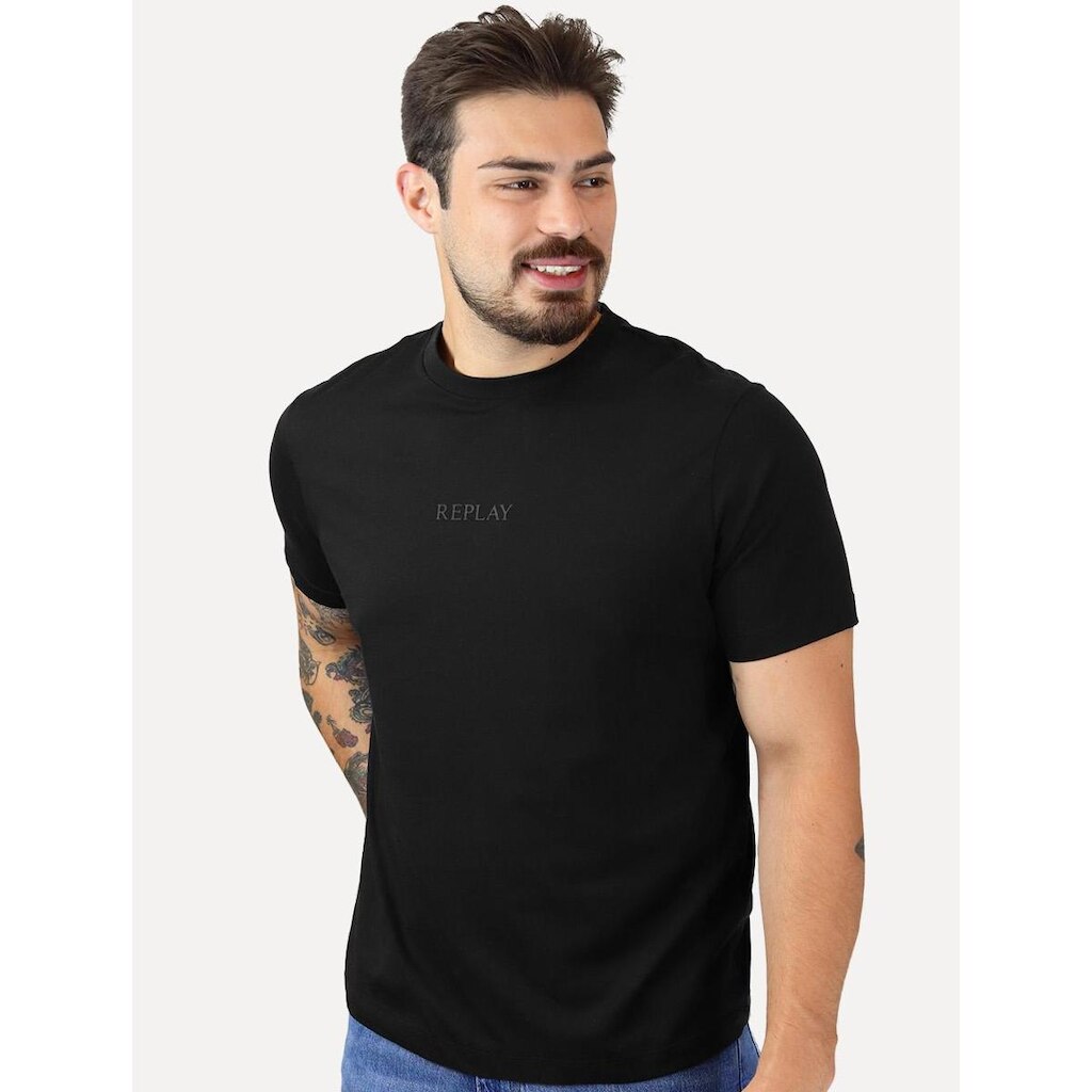 Camiseta Replay Masculina Regular Silk Frontal Logo Preta