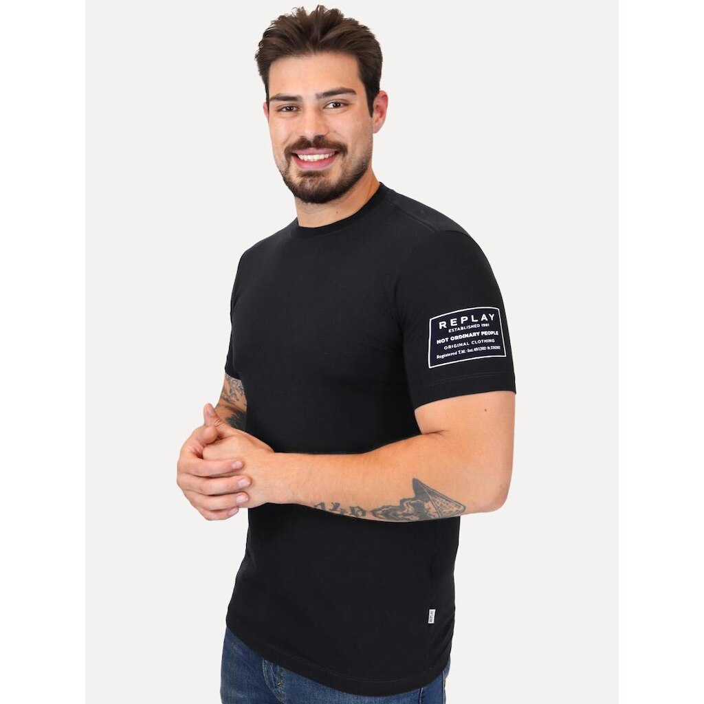 Camiseta Replay Masculina Slim Basic Crewneck Written Lateral Preta