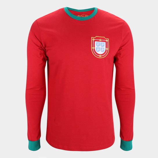 Camiseta Seleção Portugal Retrô Times 1996 N°13 Manga Longa Masculina - Vermelho Menor preço em Camiseta Seleção Portugal Retrô Times 1996 N°13 Manga Longa Masculina - Vermelho