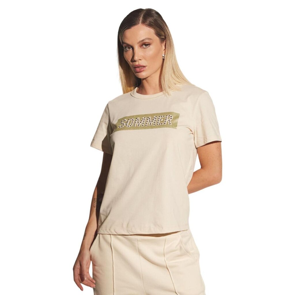 Camiseta Sommer Estampada Com Aplicação Bege Tam. P