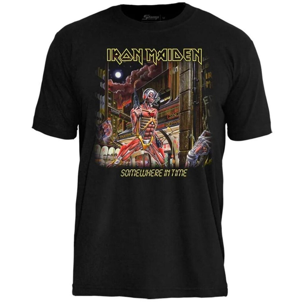 Camiseta Stamp de Banda Iron Maiden em Algodão Manga Curta Gola Redonda Oficial