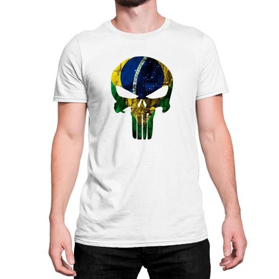 Camiseta T-Shirt Caveira Justiceiro Brasi'l Textura Crânio Algodão - Branco Menor preço em Camiseta T-Shirt Caveira Justiceiro Brasi'l Textura Crânio Algodão - Branco