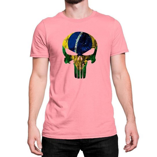 Camiseta T-Shirt Caveira Justiceiro Brasi'l Textura Crânio Algodão - Rosa Menor preço em Camiseta T-Shirt Caveira Justiceiro Brasi'l Textura Crânio Algodão - Rosa