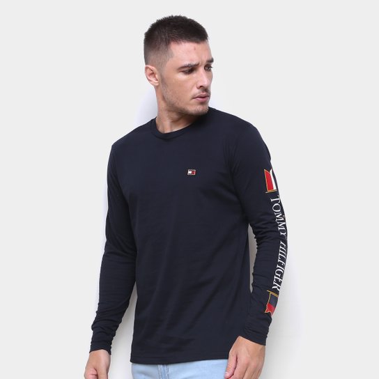 Camiseta Tommy Hilfiger Manga Longa Estampada Masculina - Marinho Menor preço em Camiseta Tommy Hilfiger Manga Longa Estampada Masculina - Marinho