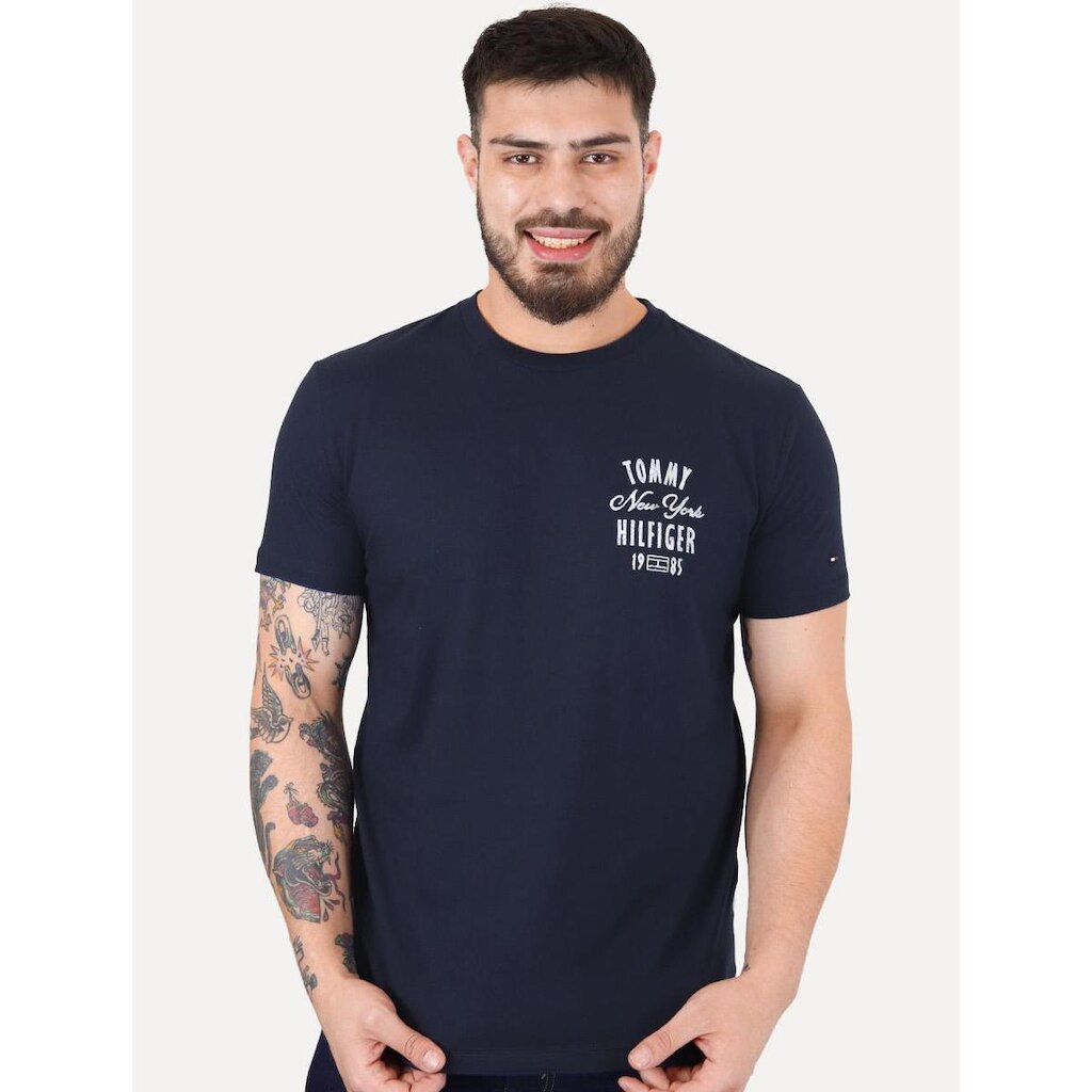 Camiseta Tommy Hilfiger Masculina Inverse Climate Tee Logo Azul Marinho
