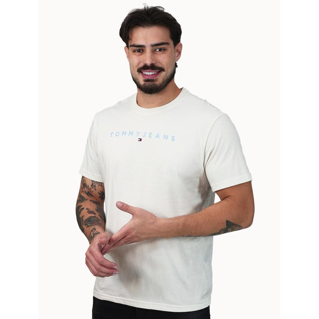 Camiseta Tommy Jeans Masculina Core Linear Blue Logo Off White