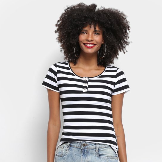 Camiseta Top Modas Listrada Botões Feminina - Branco+Preto