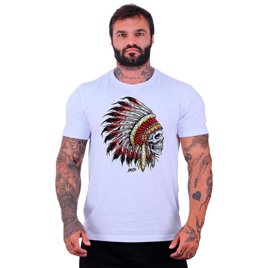 Camiseta Tradicional Manga Curta MXD Conceito Caveira Índio Cocar