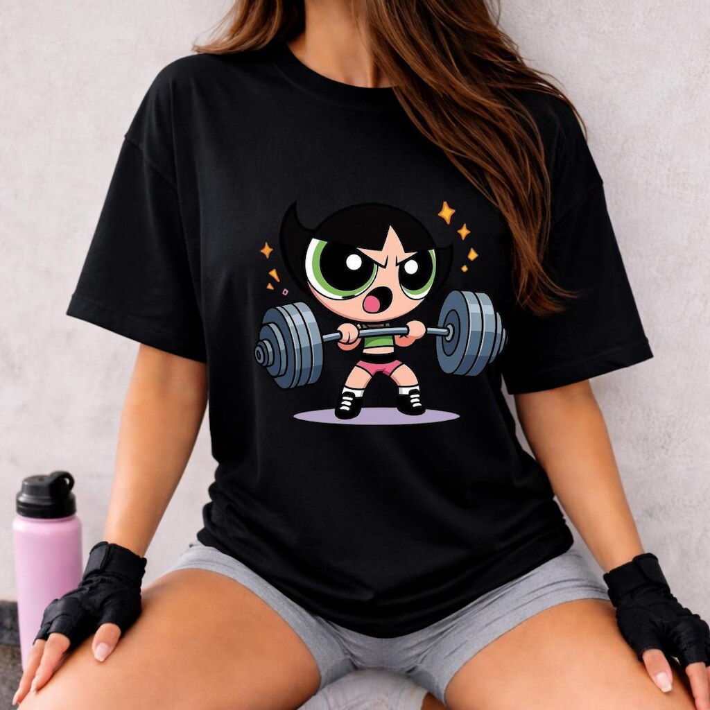 Camiseta Treino Feminina Docinho Oversized Roupas de Academia Look de Treino Super Poderosas Meme