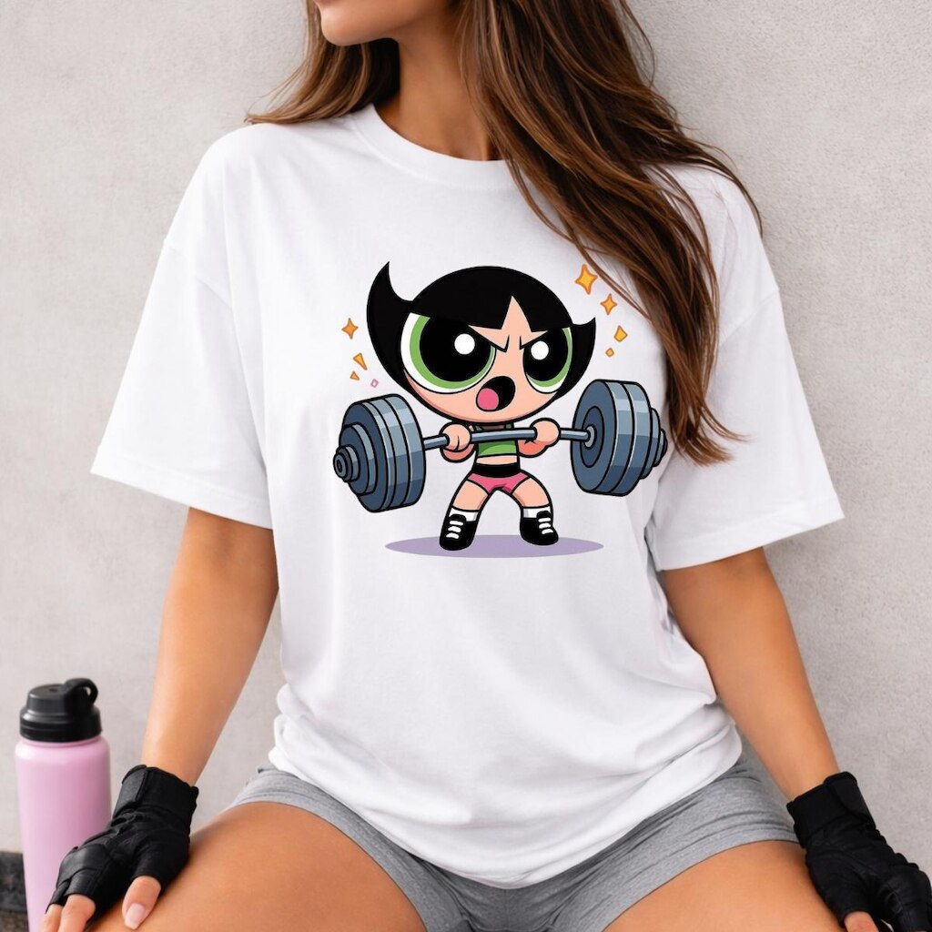 Camiseta Treino Feminina Docinho Oversized Roupas de Academia Look de Treino Super Poderosas Meme