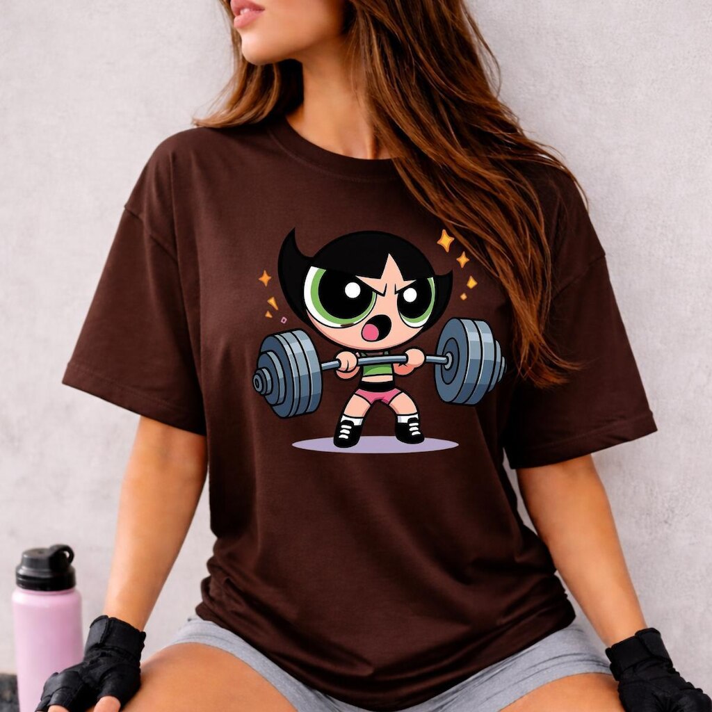 Camiseta Treino Feminina Docinho Oversized Roupas de Academia Look de Treino Super Poderosas Meme