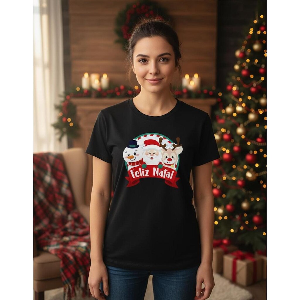 Camiseta Unissex Estampada Feliz Natal Malha Premiun Algodão Ajustável Leve