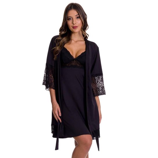 Camisola Amamentação Gestante Com Robe Estilo Sedutor - DR202-301 - Preto Menor preço em Camisola Amamentação Gestante Com Robe Estilo Sedutor - DR202-301 - Preto