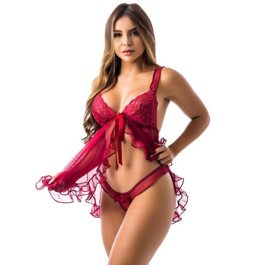 Camisola Transparente em Tule Aberta na Frente Estilo Sedutor - EK5052 - Vinho Menor preço em Camisola Transparente em Tule Aberta na Frente Estilo Sedutor - EK5052 - Vinho