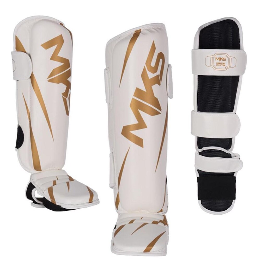 Caneleira de Muay Thai e Kickboxing MKS Champions V3 Branco/Dourado