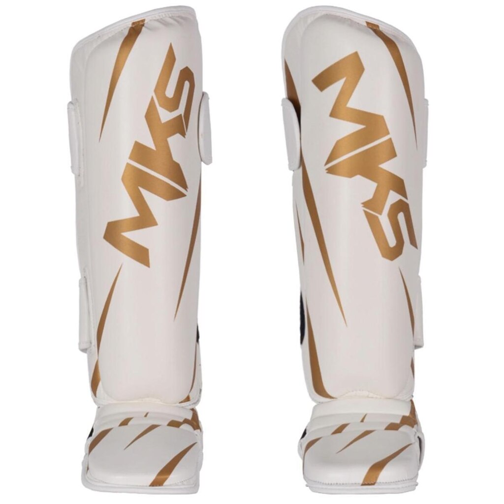 Caneleira Muay Thai Kickboxing MKS Champions Branco e Dourado