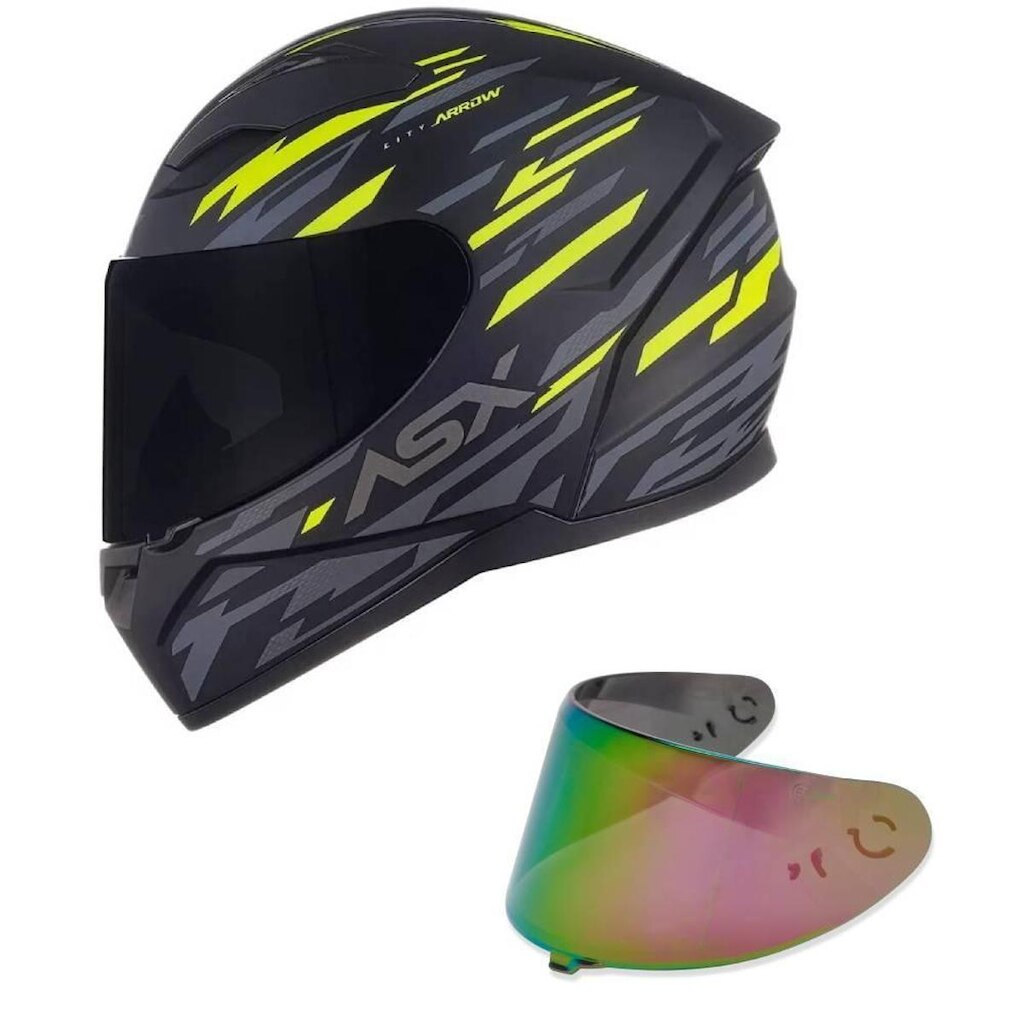 Capacete ASX City Arrow Cinza E Amarelo Mais Viseira Camaleão