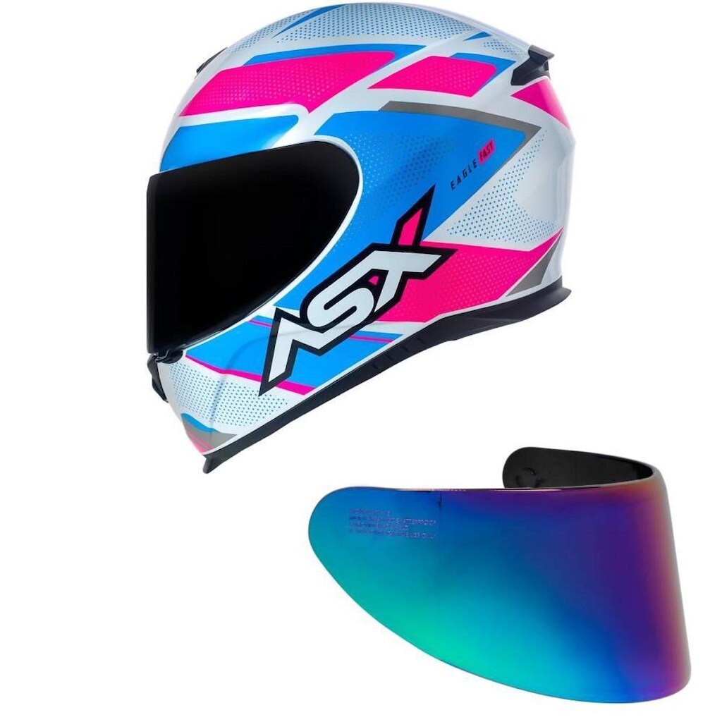 Capacete ASX Eagle Fast Brsnco Rosa e Azul Mais Viseira Camaleão
