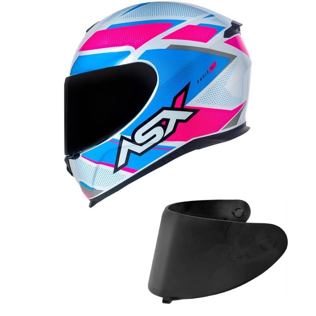 Capacete ASX Eagle Fast Brsnco Rosa e Azul Mais Viseira Fumê