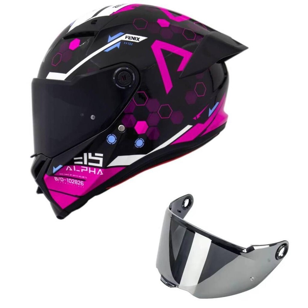 Capacete Axxis Fênix Alpha B8 Preto e Rosa Mais Viseira Prata