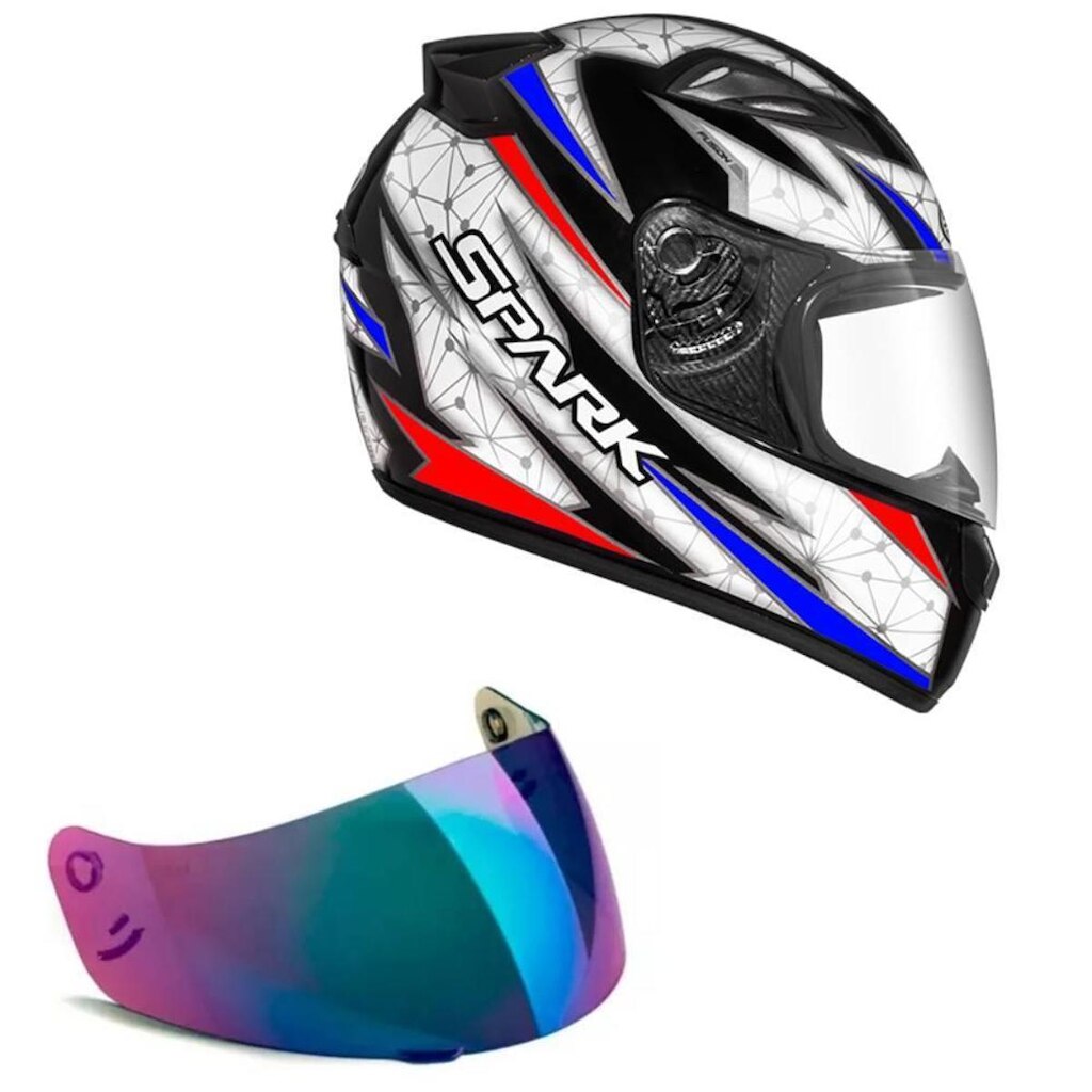 Capacete Ebf New Spark Fusion Preto Branco e Azul Mais Viseira Camaleão