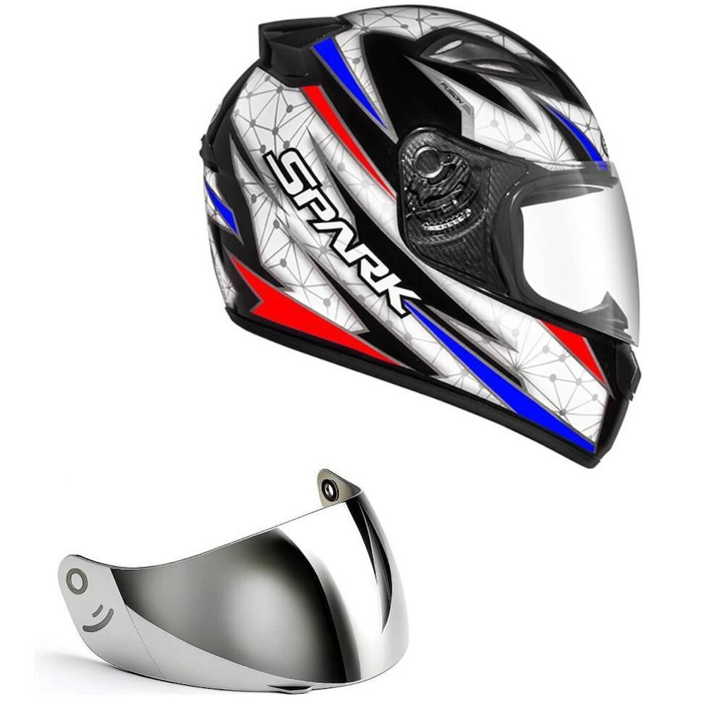 Capacete Ebf New Spark Fusion Preto Branco e Azul Mais Viseira Prata