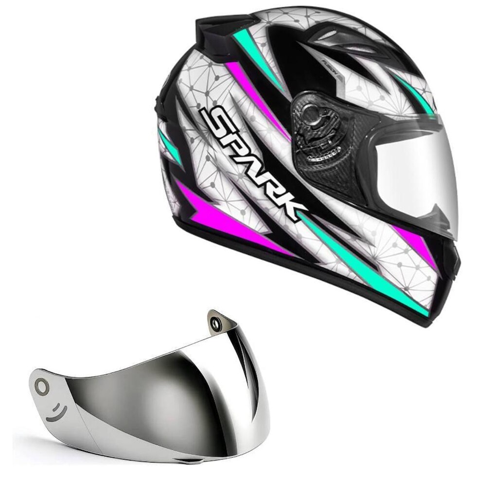 Capacete Ebf New Spark Fusion Preto Branco e Tifany Mais Viseira Prata