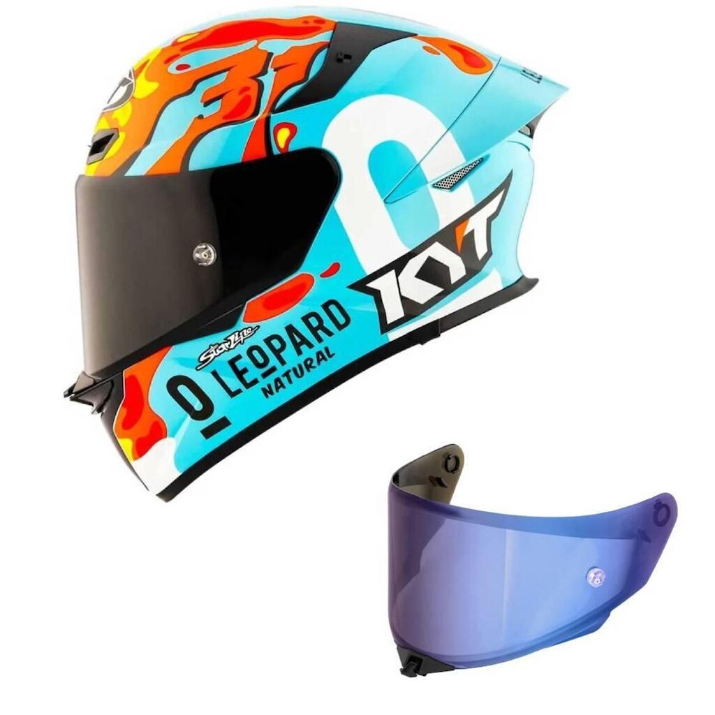 Capacete KYT TT Revo Leopard Aragon Azul e Vermelho Mais Viseira Azul