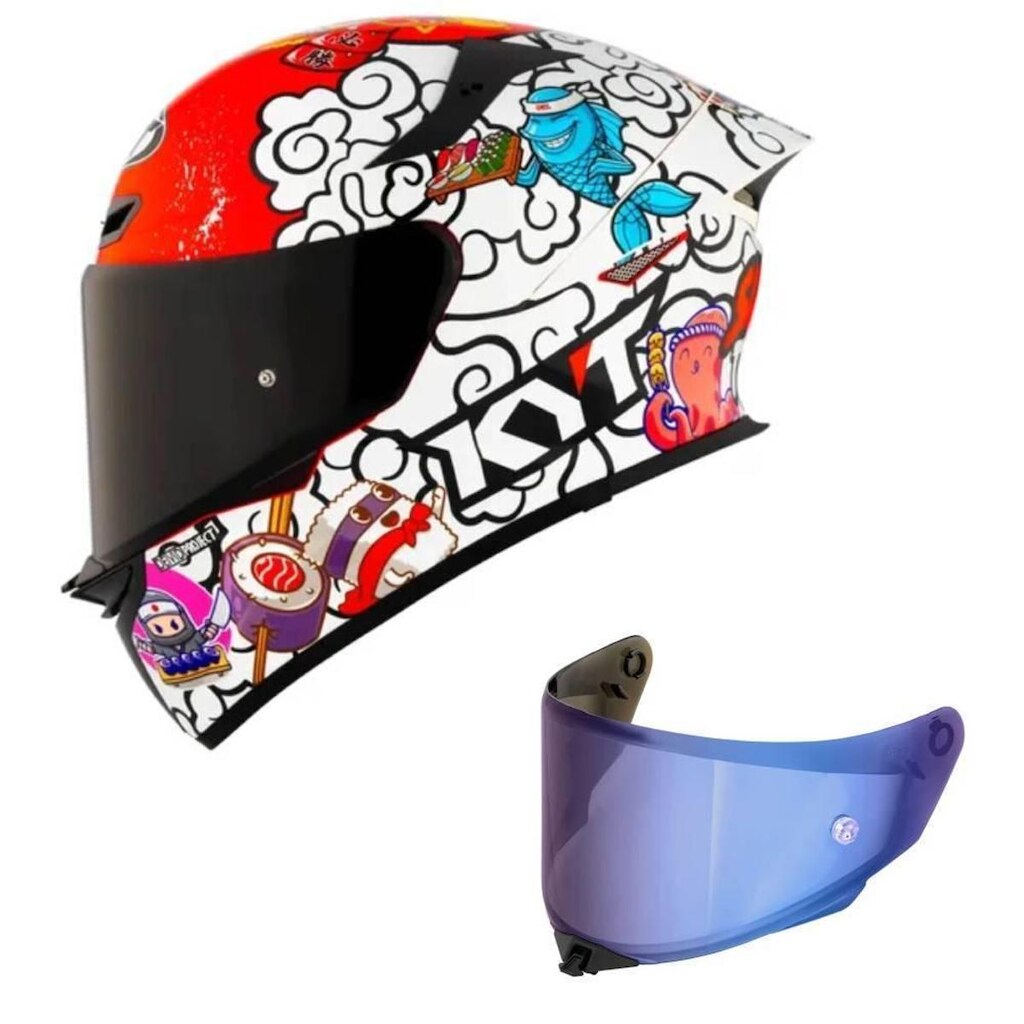 Capacete KYT TT Revo Sushi Time Branco e Vermelho Mais Viseira Azul