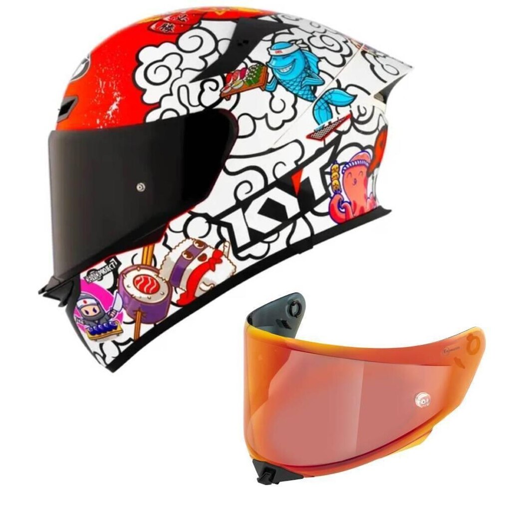 Capacete KYT TT Revo Sushi Time Branco e Vermelho Mais Viseira Vermelha