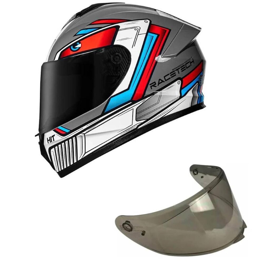 Capacete Race Tech Hit Android Cinza e Vermelho Mais Viseira Fumê