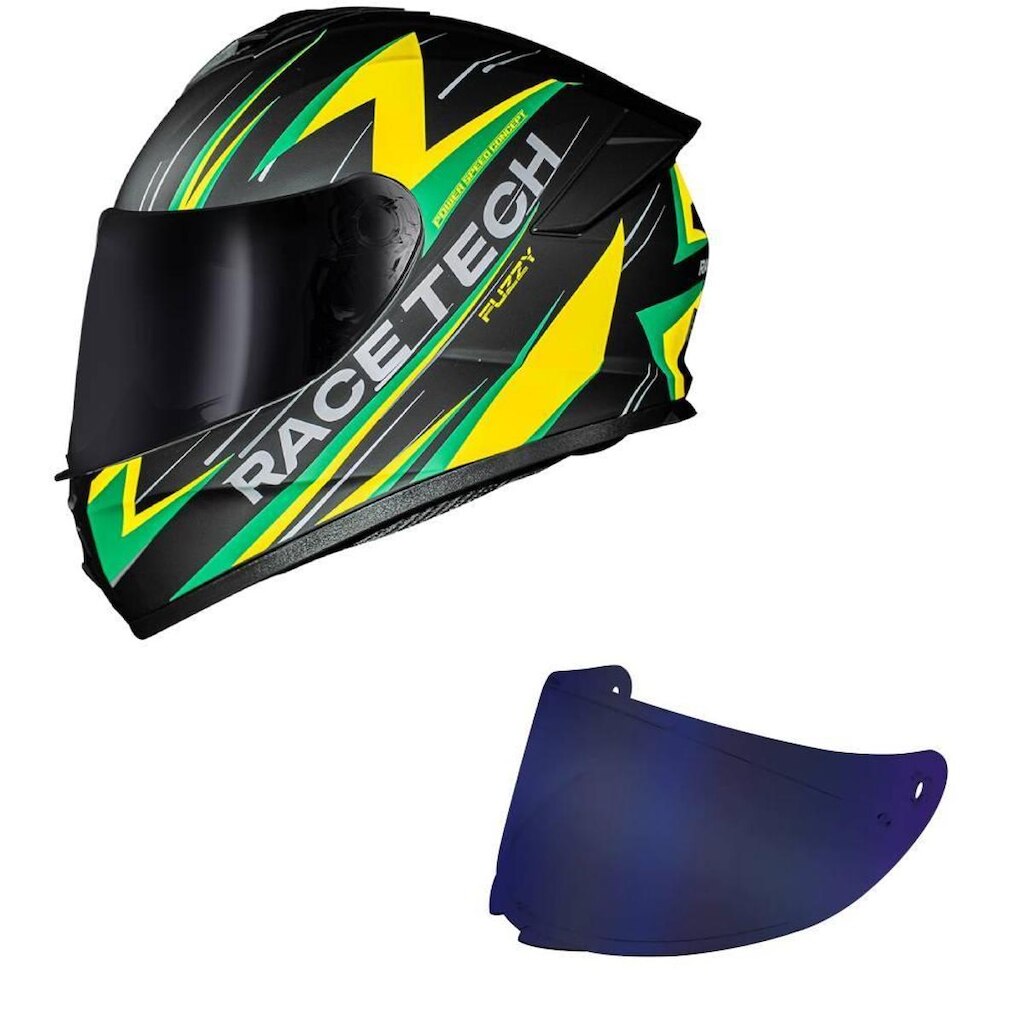 Capacete Race Tech Hit Fuzzy Preto Verde e Amarelo Mais Viseira Azul