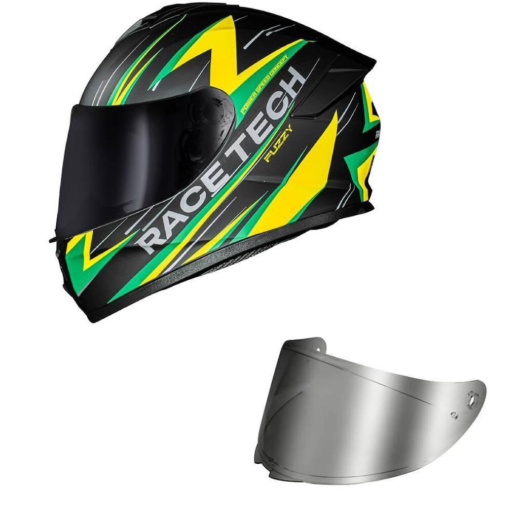 Capacete Race Tech Hit Fuzzy Preto Verde e Amarelo Mais Viseira Prata