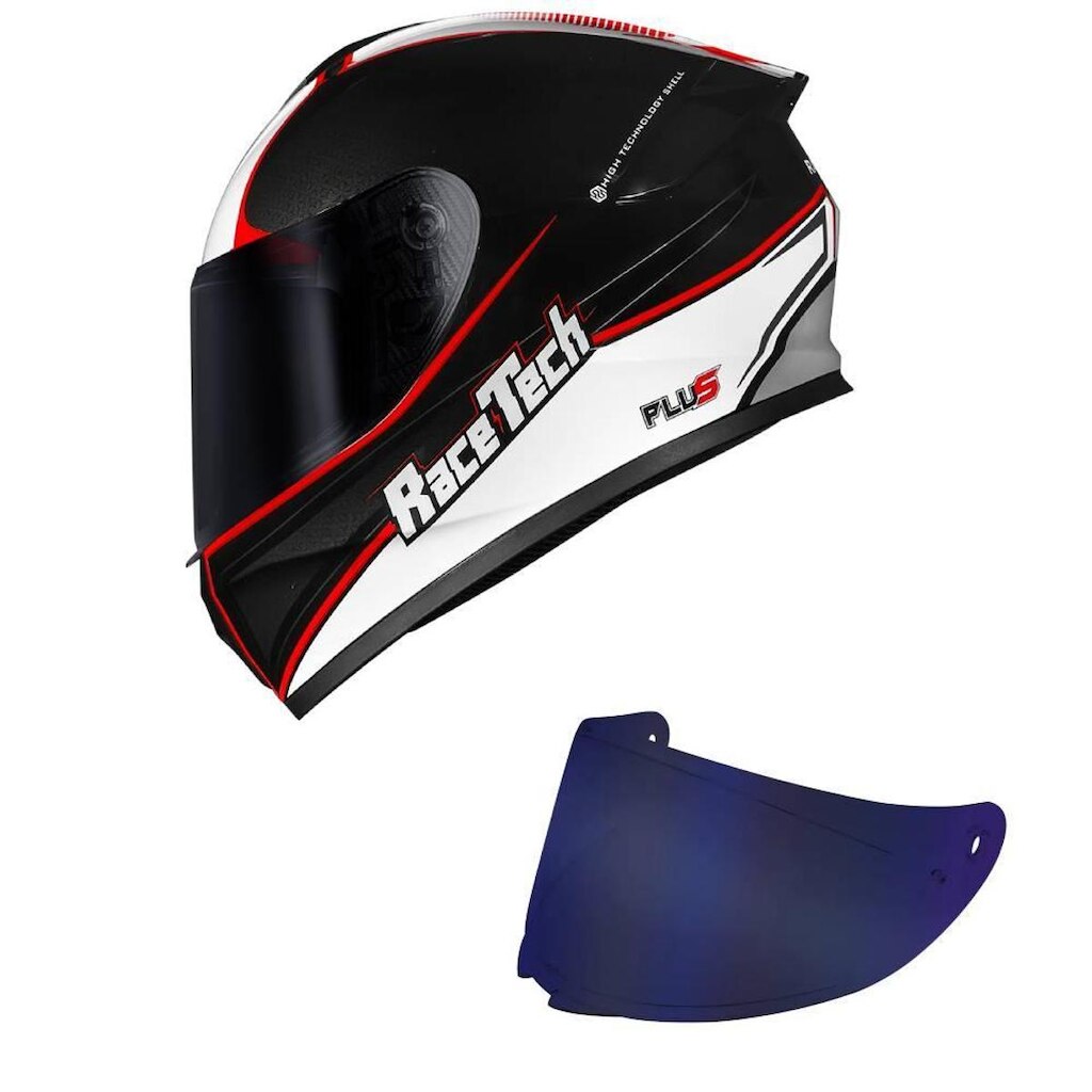 Capacete Race Tech Hit Plus Preto Branco e vermelho Mais Viseira Azul
