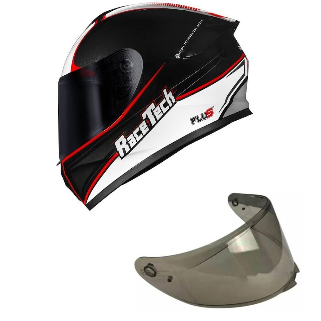 Capacete Race Tech Hit Plus Preto Branco e vermelho Mais Viseira Fumê