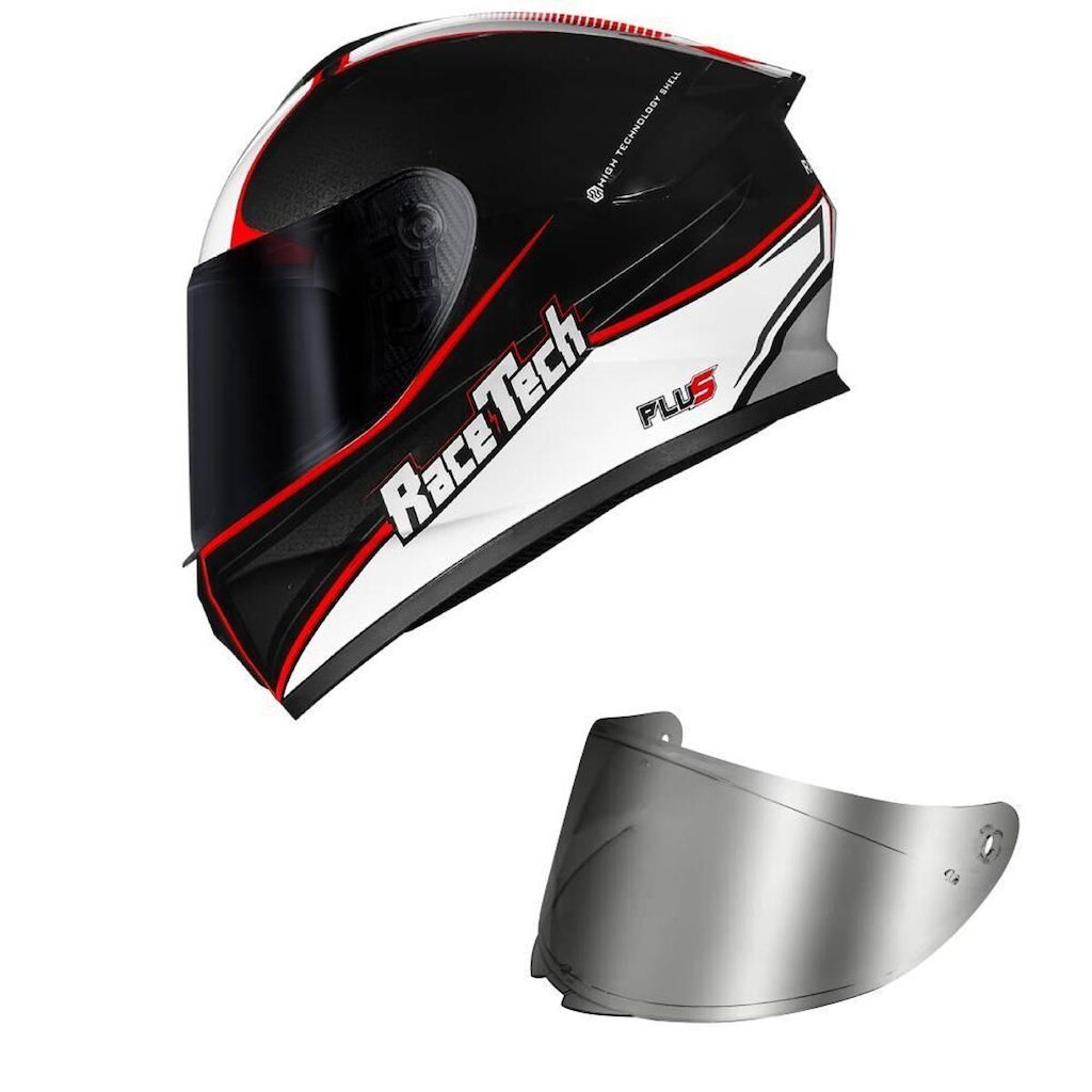 Capacete Race Tech Hit Plus Preto Branco e vermelho Mais Viseira Prata