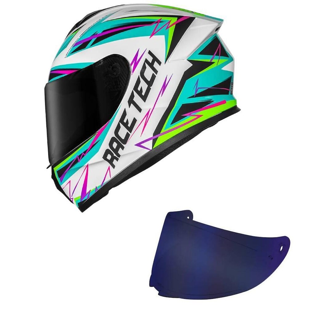 Capacete Race Tech Hit Spark Branco e Verde Mais Viseira Azul