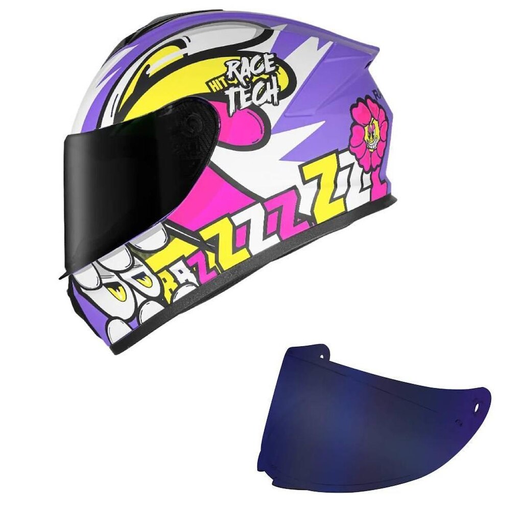 Capacete Race Tech Hit Speedbee Branco e Roxo Fosco Mais Viseira Azul