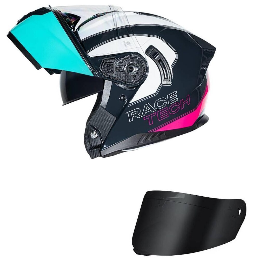 Capacete Race Tech Signal Active Branco Verde e Rosa Mais Viseira Fumê