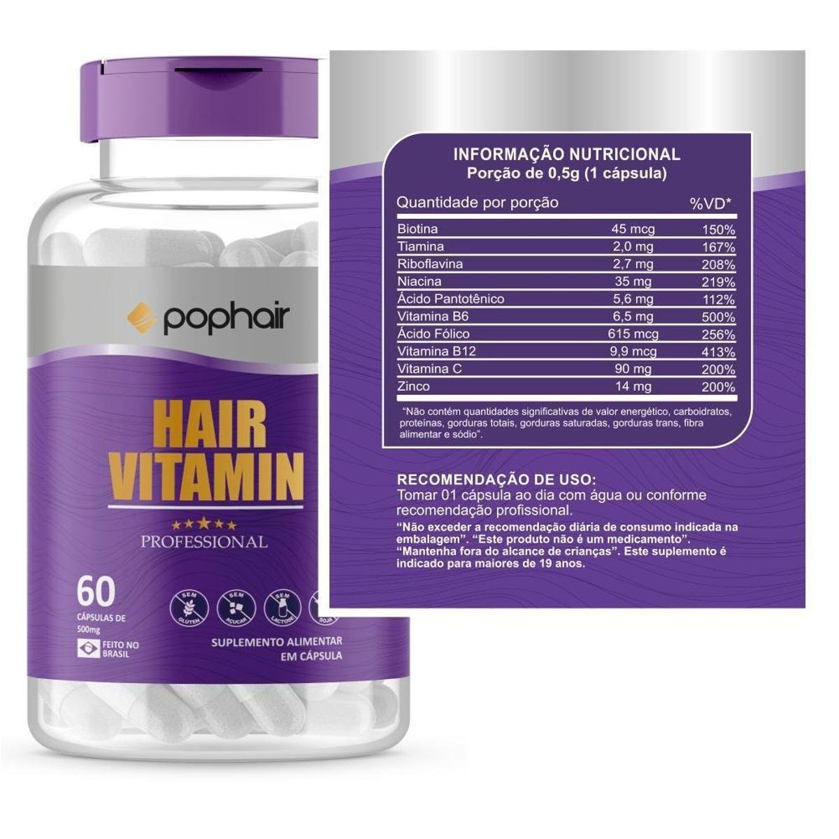 Cápsula Profissional Pop Hair Vitamina Para Cabelo Unha E Pele Roxo