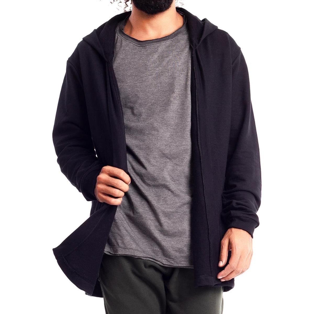 Cardigan Sobretudo Sobretudo Masculino Preto Com Capuz Sobretudo