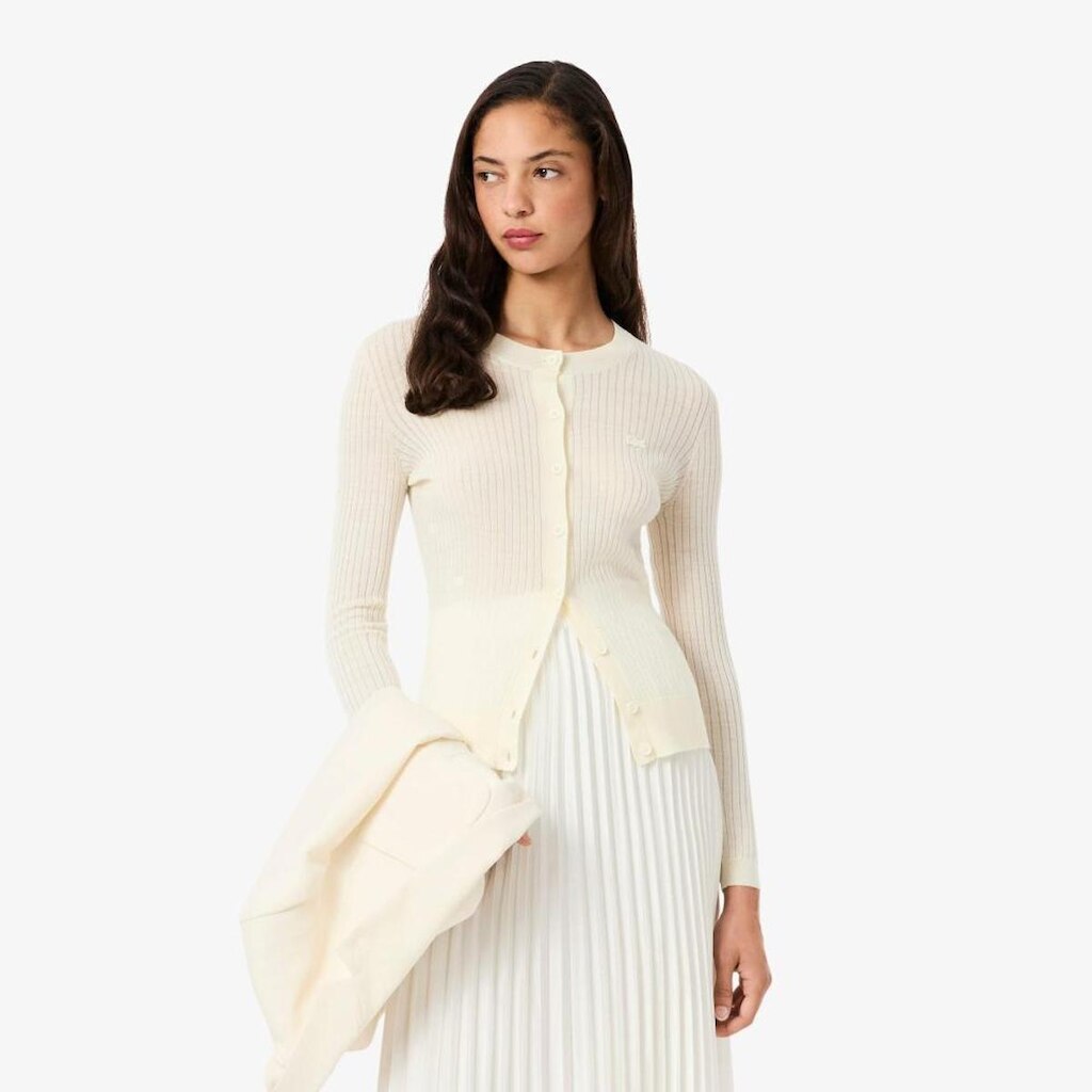 Cardigan de Lã Merino de Malha Canelada Lacoste Feminina