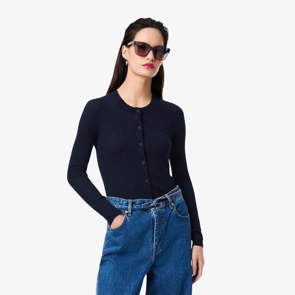 Cardigan de Lã Merino de Malha Canelada Lacoste Feminina