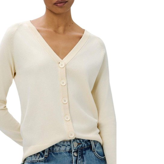 Cardigan Hering Feminino em Tricô Gola V Amarelo Bebê de Botão