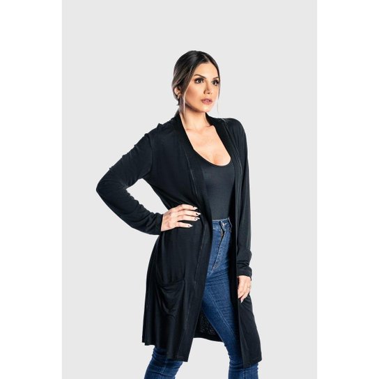 Cardigan Kimono Bolso Feminino Juquitiba Brasil Preto - Preto