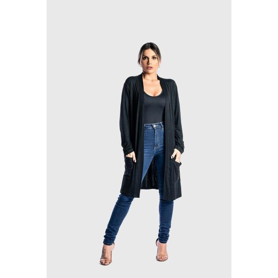 Cardigan Kimono Bolso Feminino Juquitiba Brasil Preto - Preto