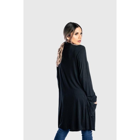 Cardigan Kimono Bolso Feminino Juquitiba Brasil Preto - Preto