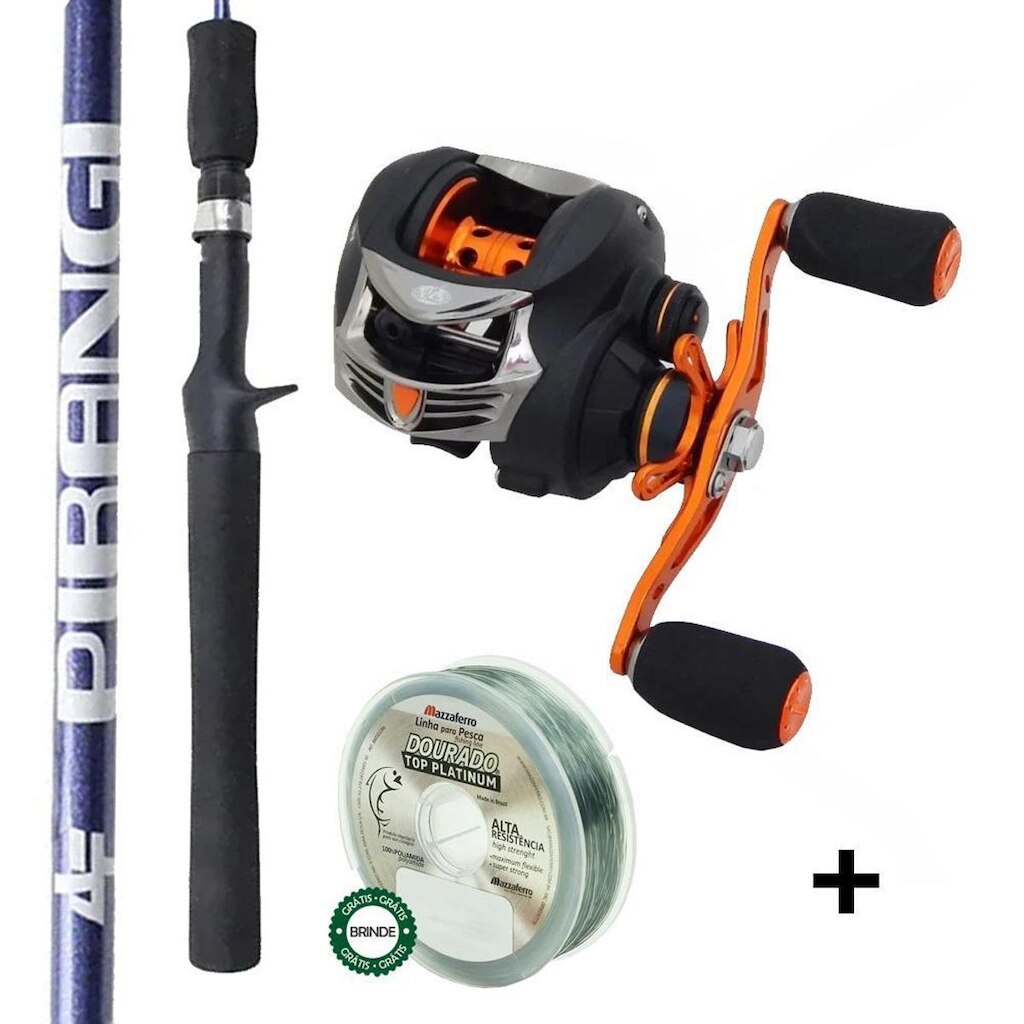 Carretilha Esq Python Gold 8000 + Vara Pirangi 1,20mts 8-15lbs 1 Parte + Linha Mono - Kit Piapara